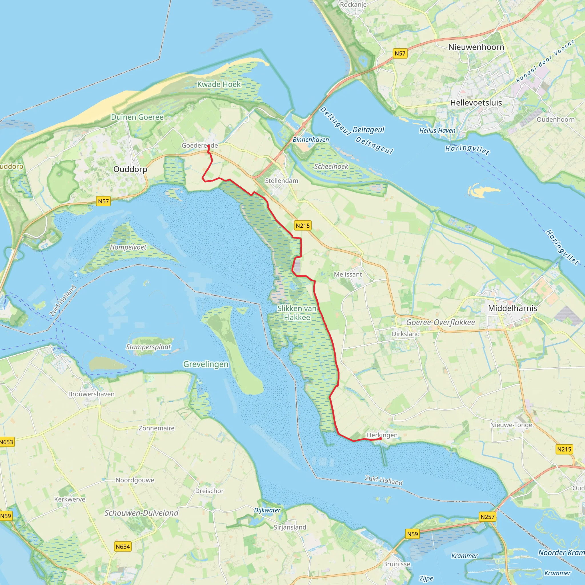 Goedereede to Herkingen via Zuideedijk and Maanezeese Gorsdijk mobile static map