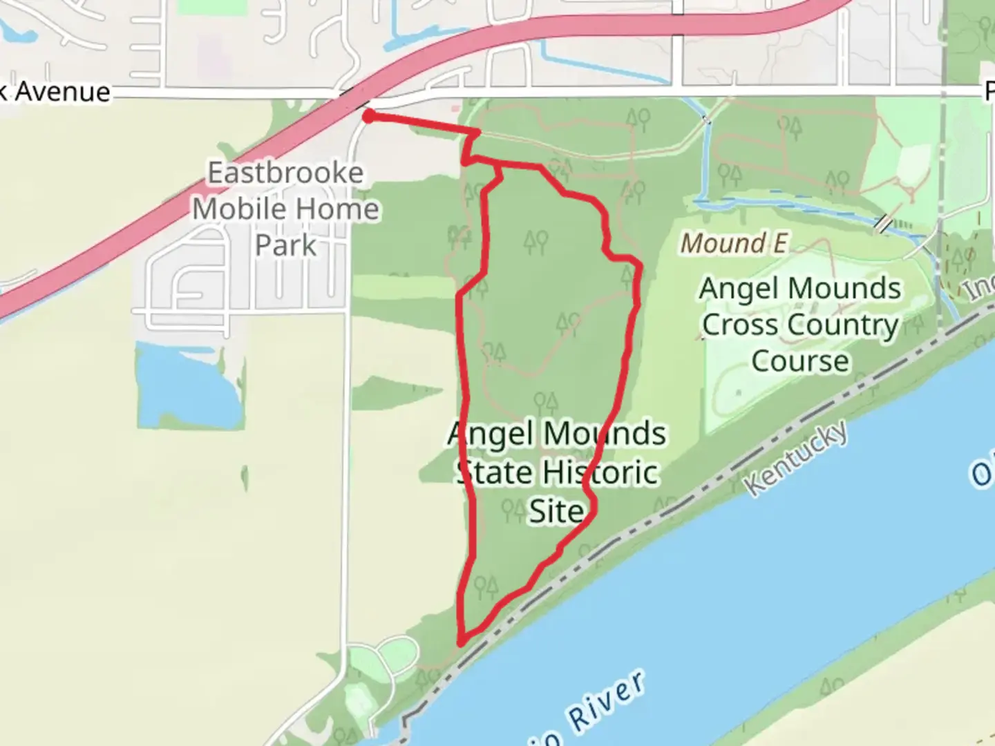An image depicting the trail Alcoa Trail and Angel Mounds Outer Loop and its surrounding area.