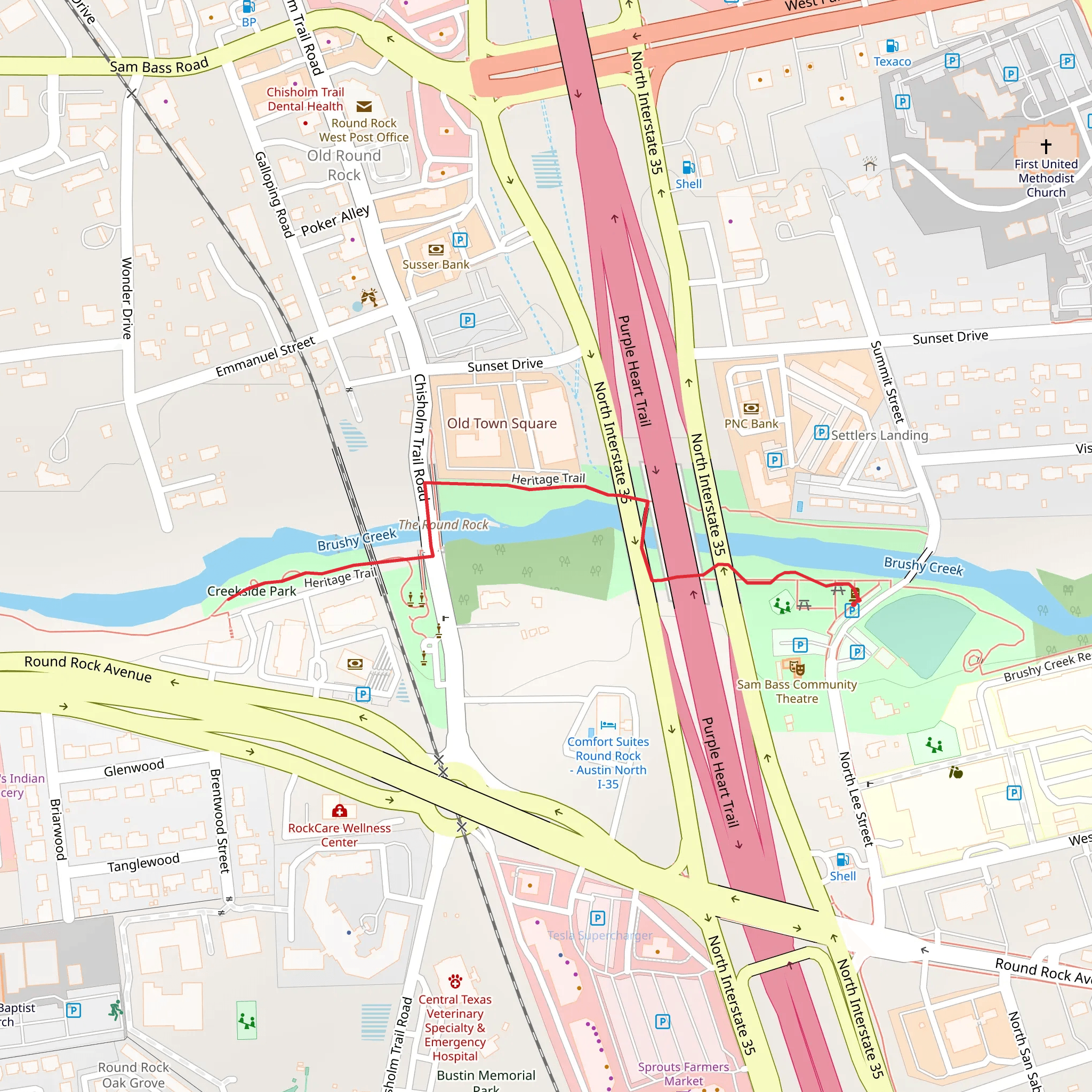 Memorial Park to Creekside Park mobile static map