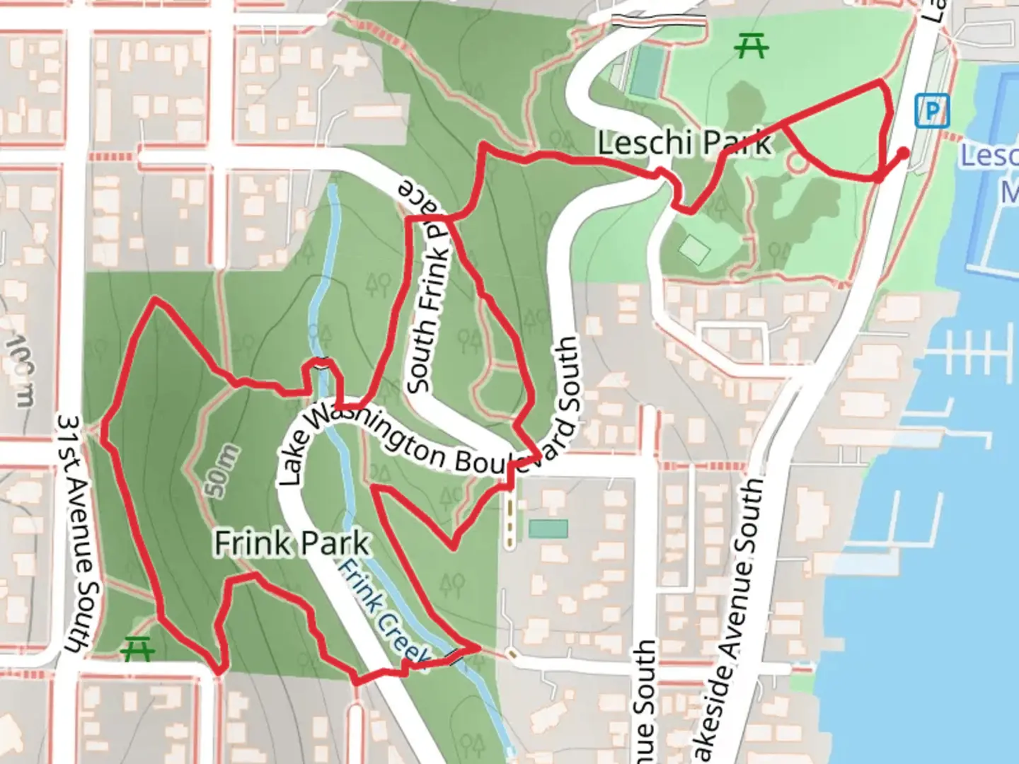 An image depicting the trail Lower Leschi Park Woods and Frink Park Loop and its surrounding area.