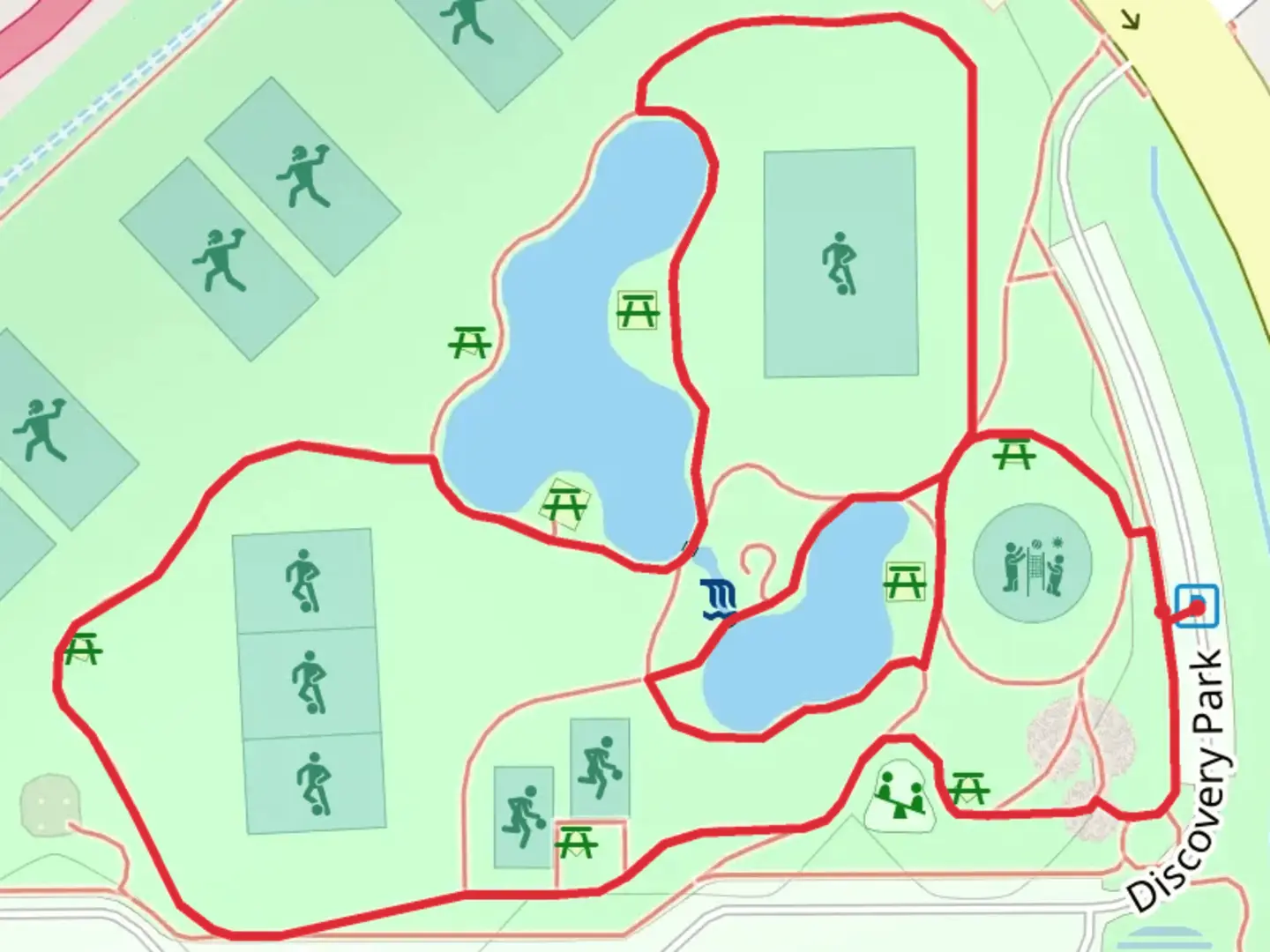 An image depicting the trail Discovery Park Loop and its surrounding area.