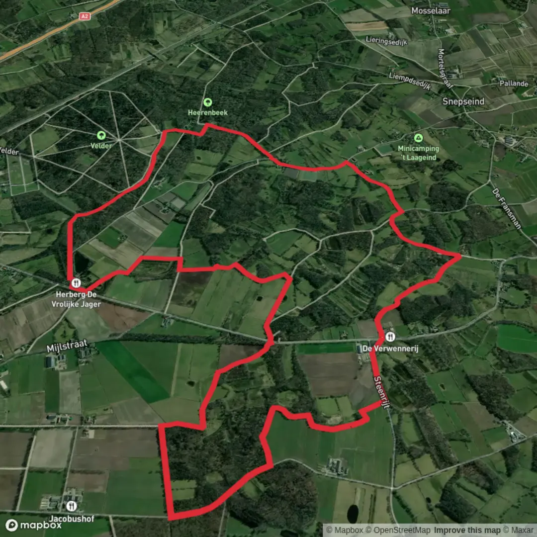 An image depicting the trail Kinderbos Route and Heerenbeek Route and its surrounding area.