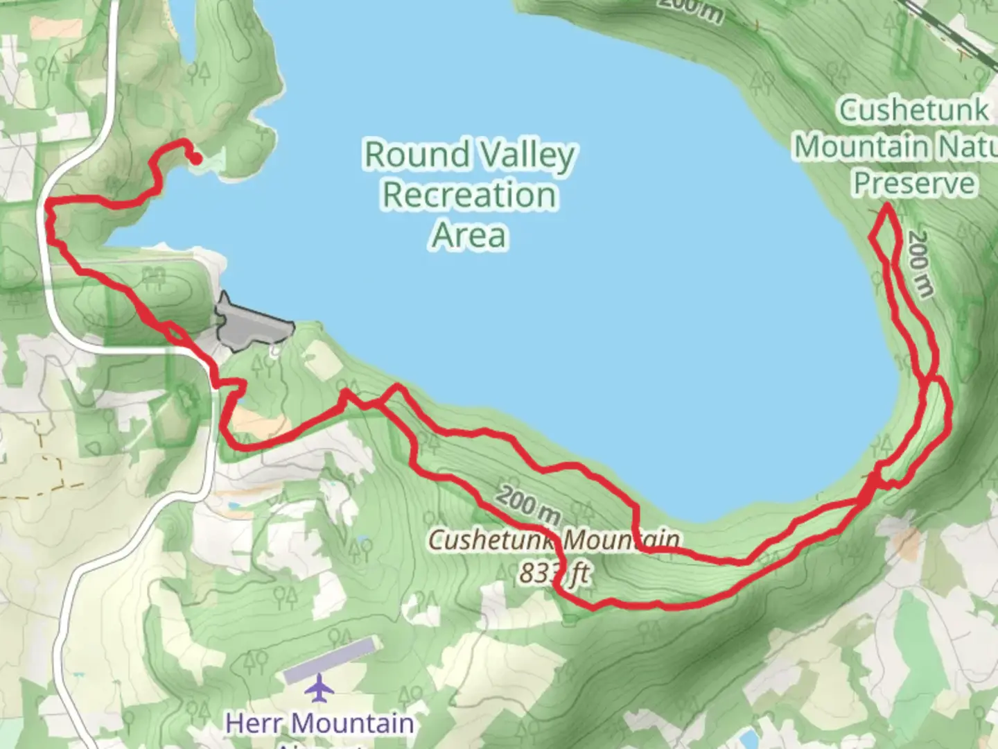 An image depicting the trail Round Valley Reservoir and Red Cushetunk Loop Trail and its surrounding area.