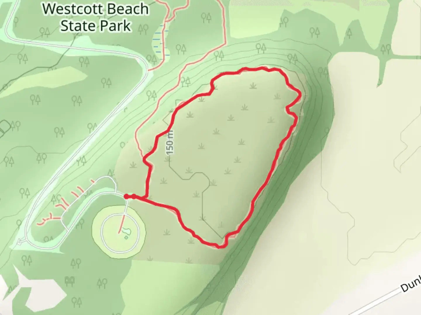 An image depicting the trail Westcott Beach State Park Loop and its surrounding area.