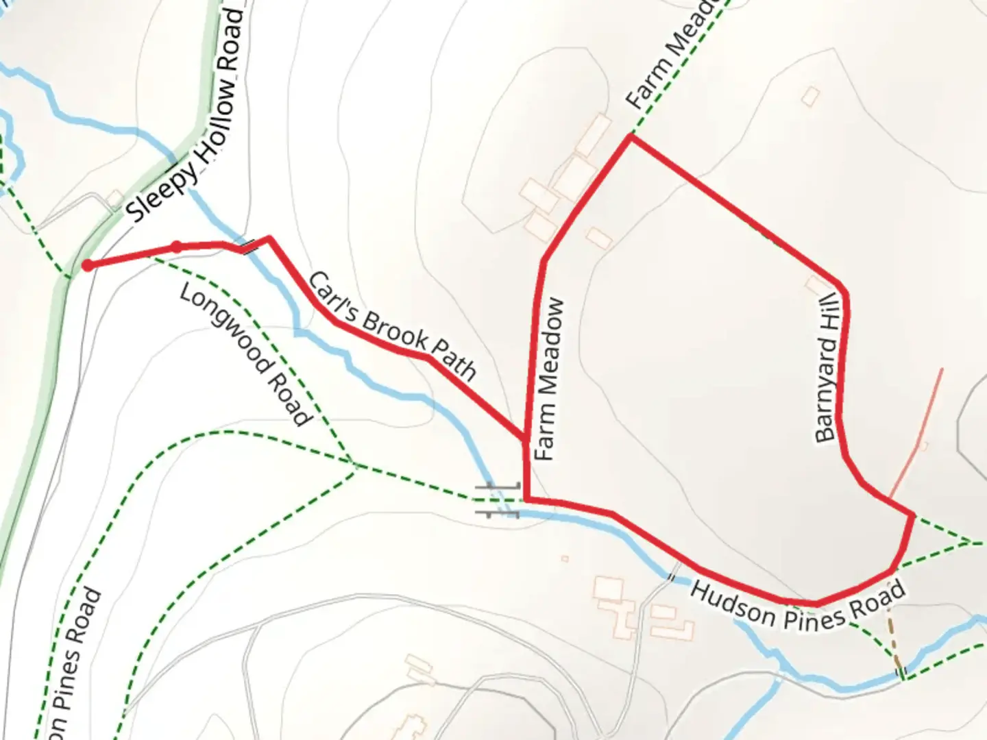 An image depicting the trail Barnyard Hill Loop from Sleepy Hollow Road and its surrounding area.