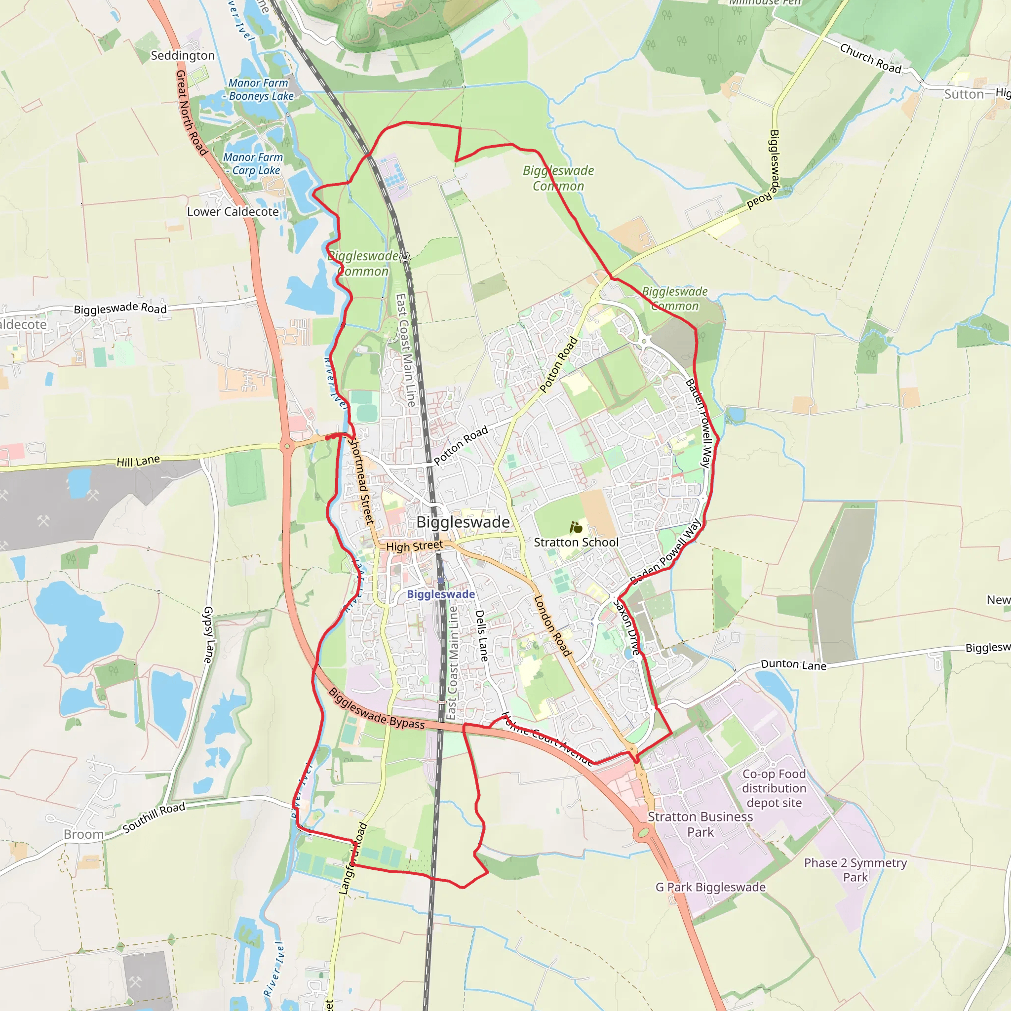Biggleswade Common and Holme Green via Kingfisher Way mobile static map