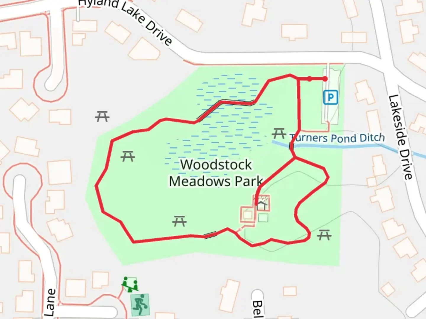 An image depicting the trail Woodstock Meadows Park Loop and its surrounding area.