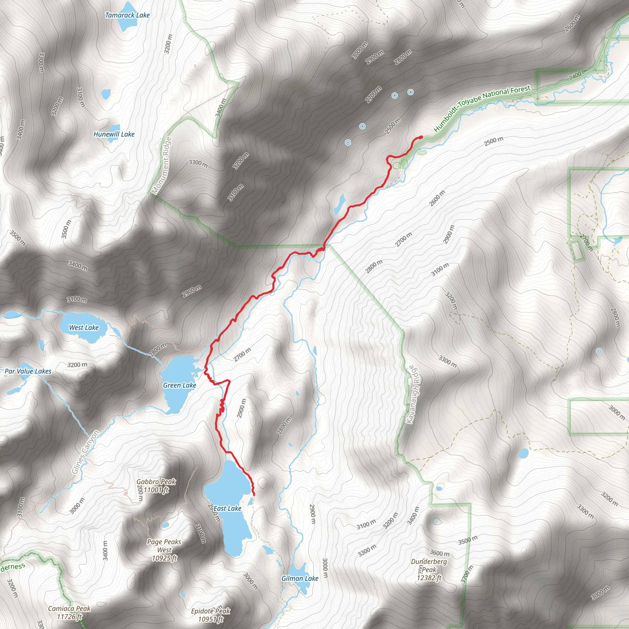 Green Lake and East Lake via Green Creek Trail mobile static map