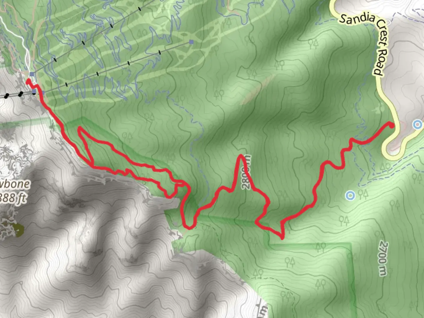 An image depicting the trail Tree Spring Trail and South Crest Trail and its surrounding area.