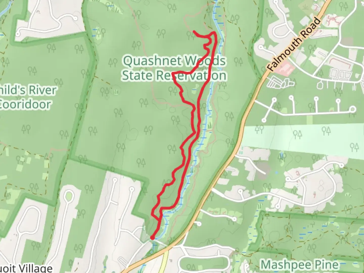 An image depicting the trail Quashnet River from Martin Road and its surrounding area.