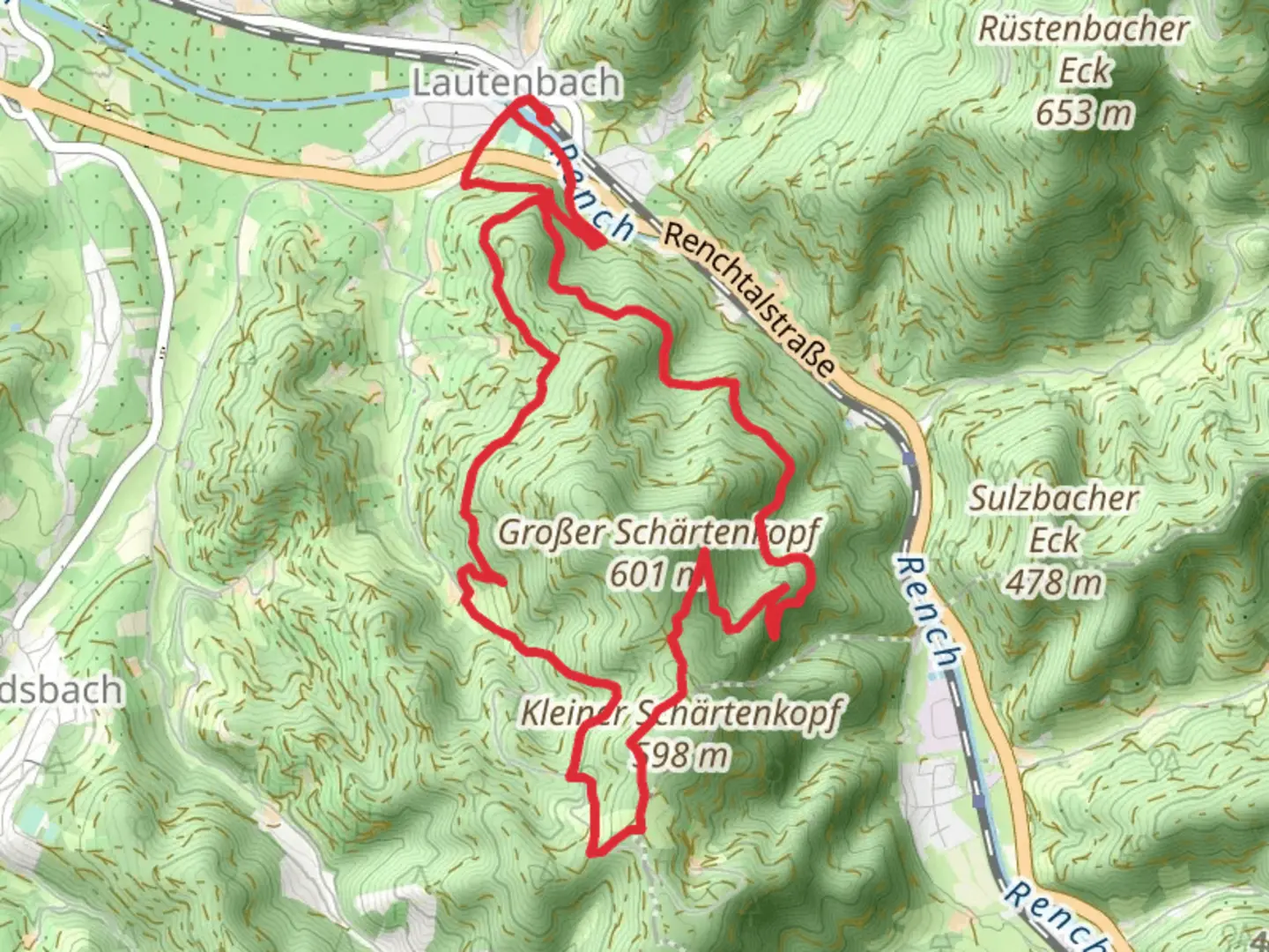 An image depicting the trail Oberer Hoellwald and Otschenfeld-Schaertenkopf Huette and its surrounding area.
