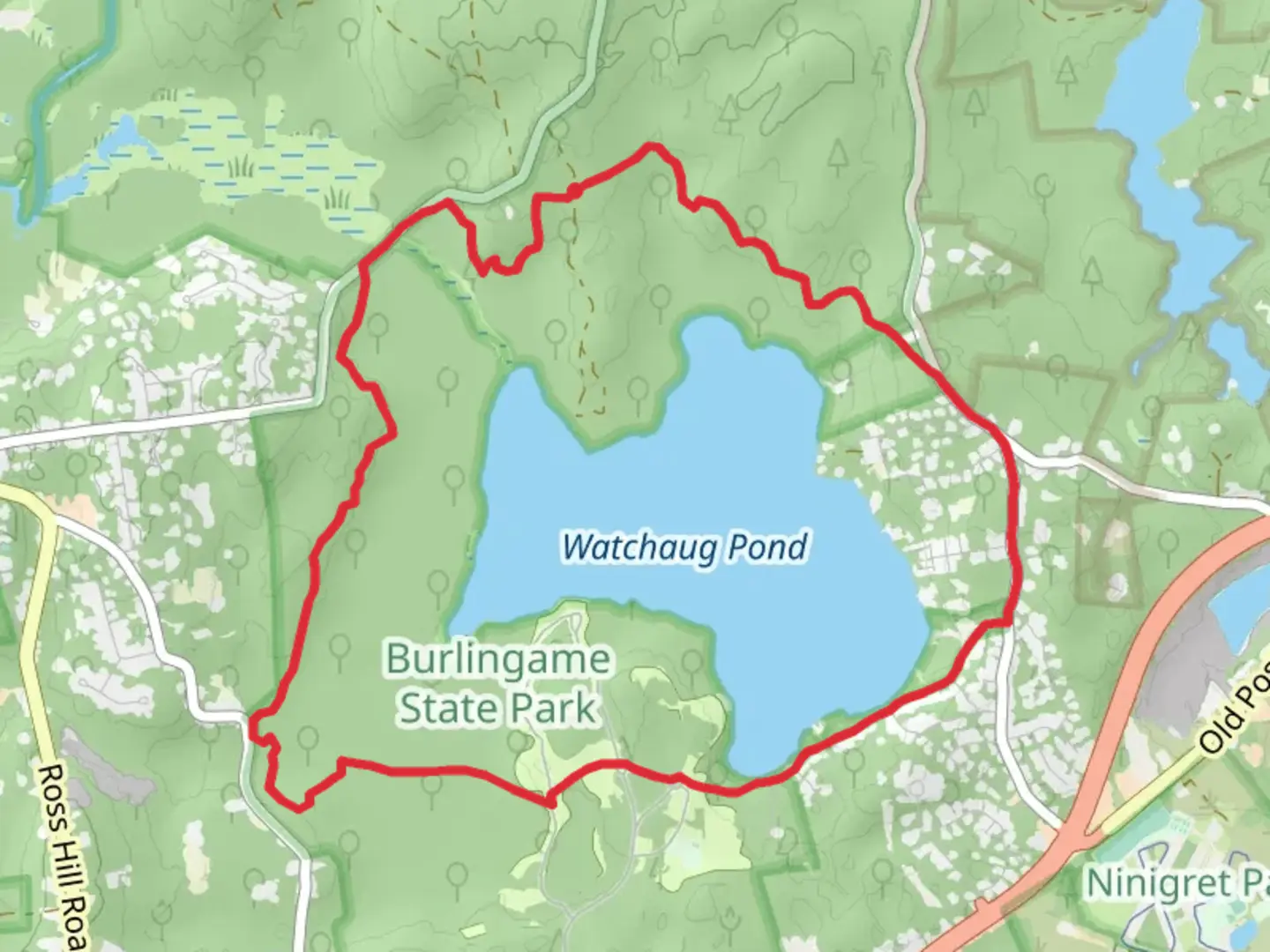 An image depicting the trail North South and Vin Gormley - Watchaug Pond Loop Trail and its surrounding area.