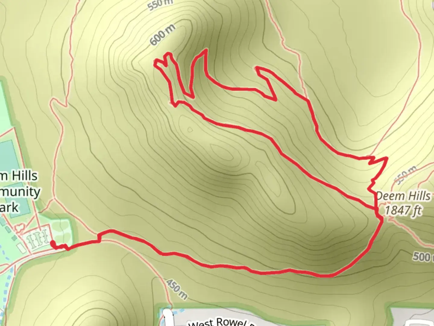 An image depicting the trail Deem Hill Loop via Ridgeline Trail and Circumference Trail and its surrounding area.