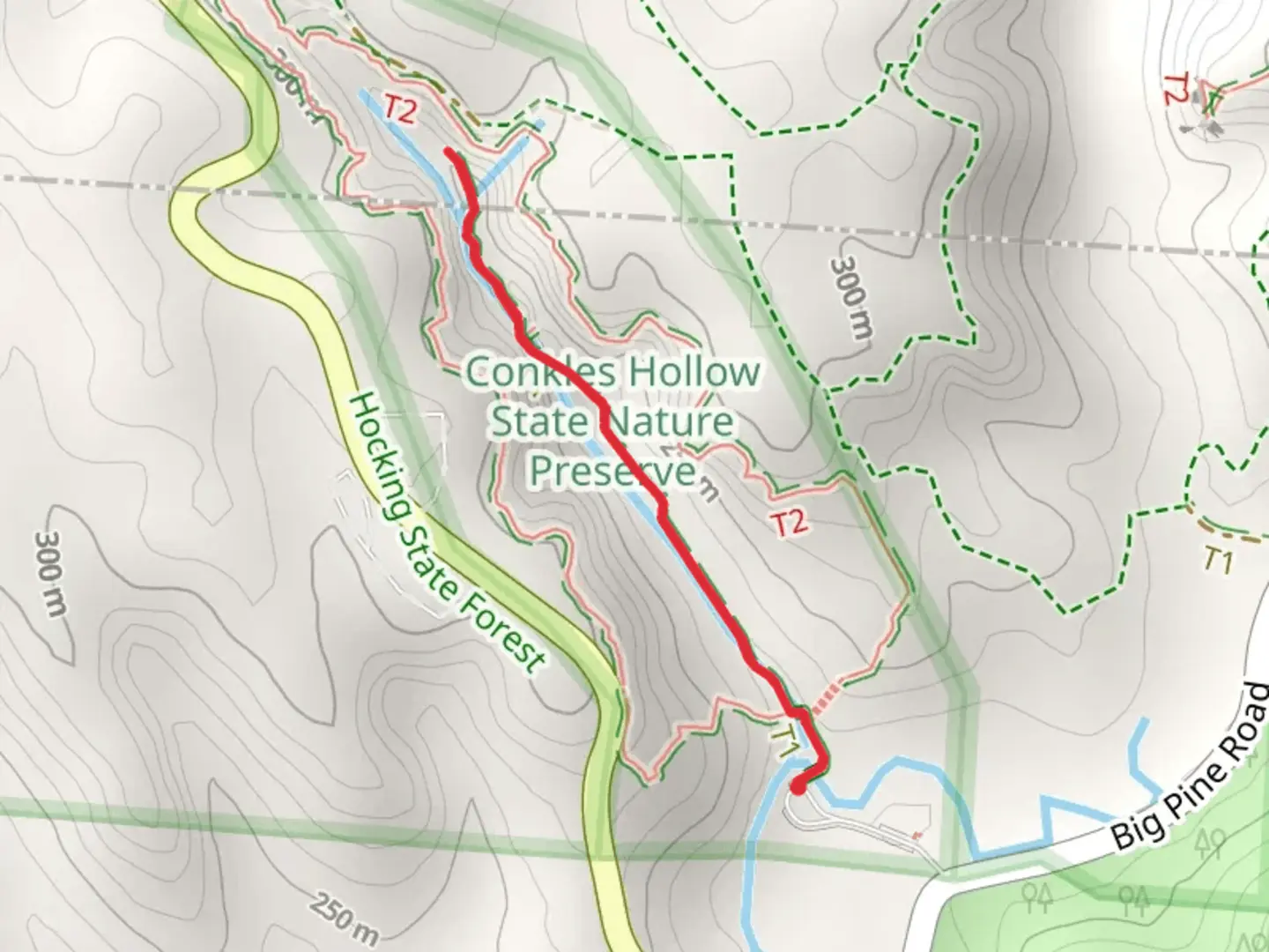 An image depicting the trail Conkles Hollow Gorge Trail and its surrounding area.