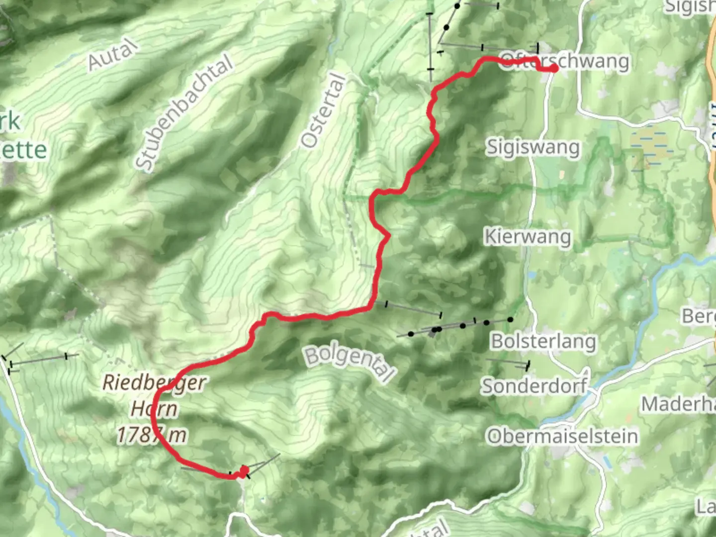 An image depicting the trail Grasgehren to Ofterschwang via Rangiswager Horn and Weiherkopf and its surrounding area.