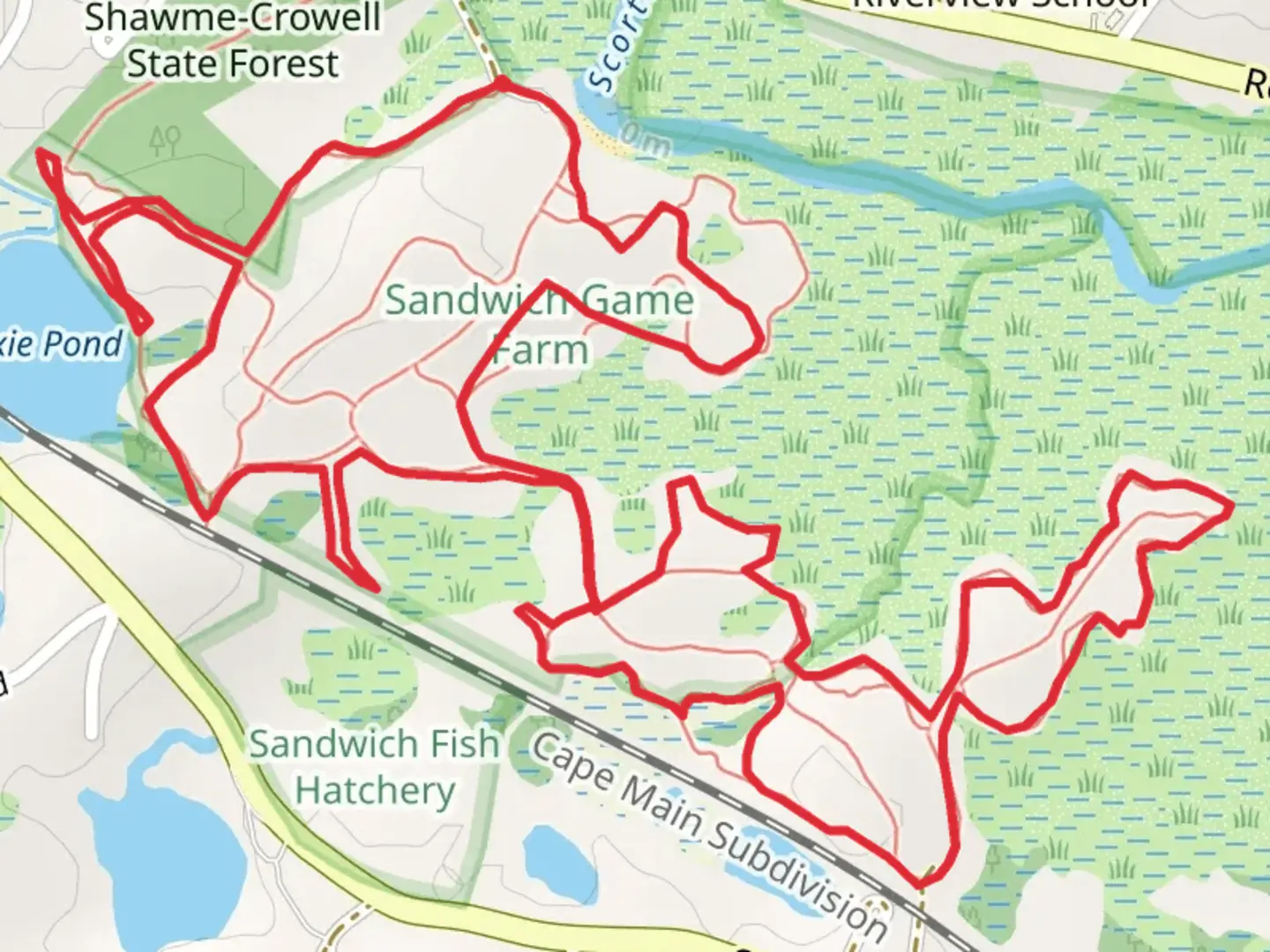 An image depicting the trail Scorton Creek and Hoxie Pond Loop and its surrounding area.