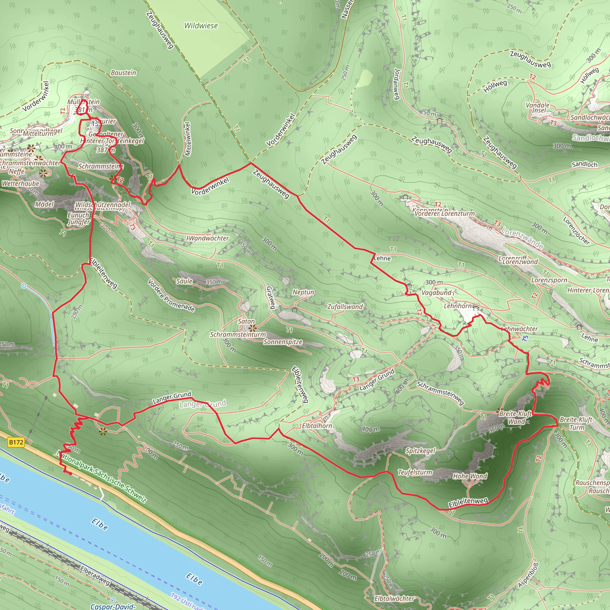 Schrammsteine, Müllerstein and Lehnwächter Loop mobile static map