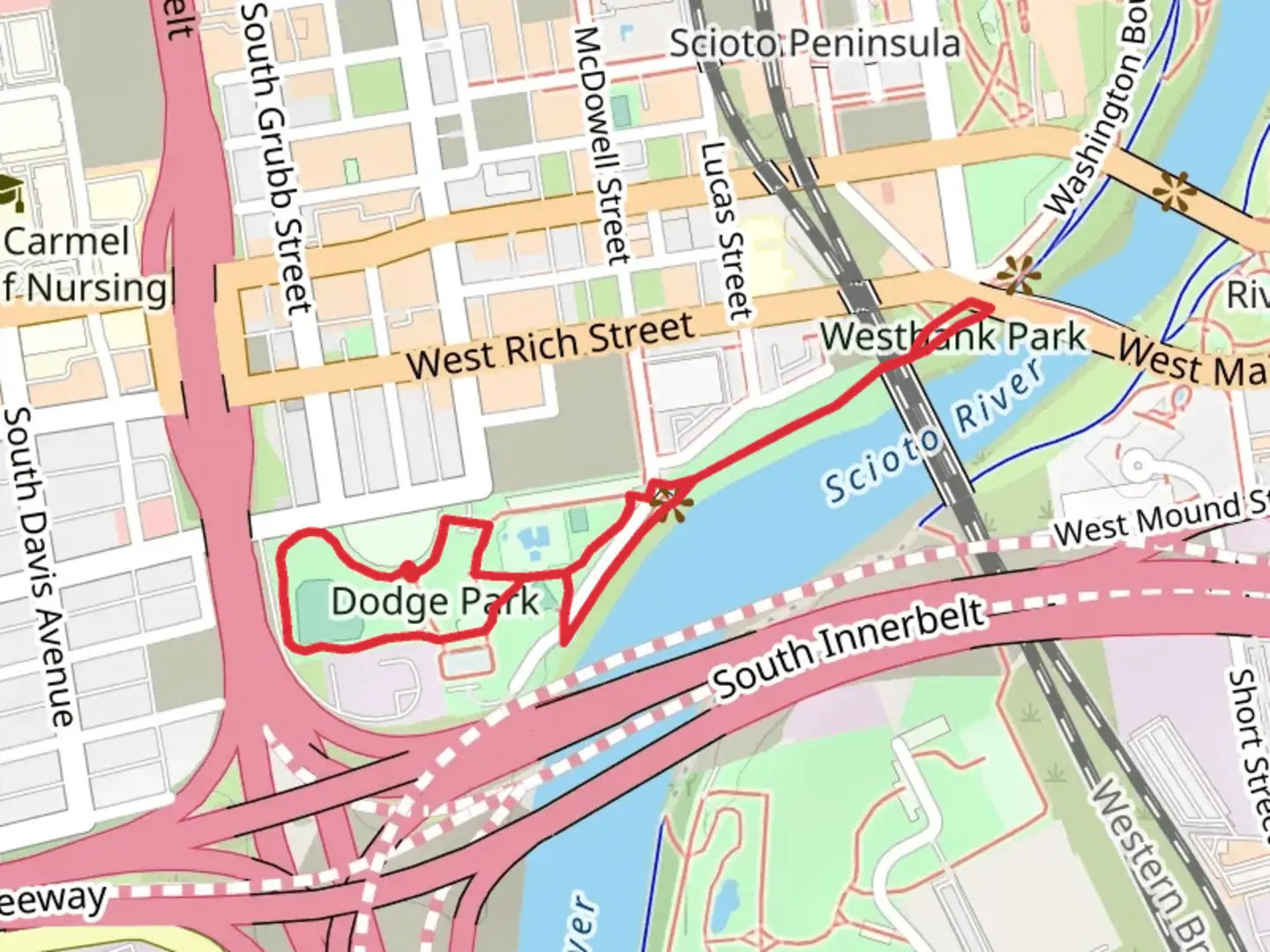 An image depicting the trail Dodge Park and WestBank Park Loop and its surrounding area.