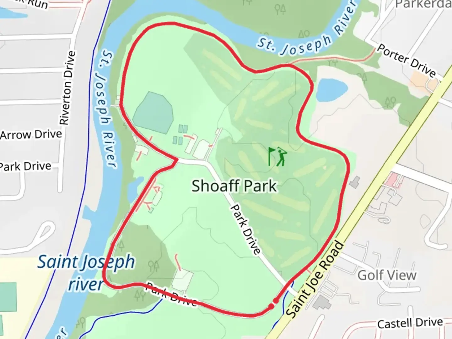 An image depicting the trail Shoaff Park Loop and its surrounding area.
