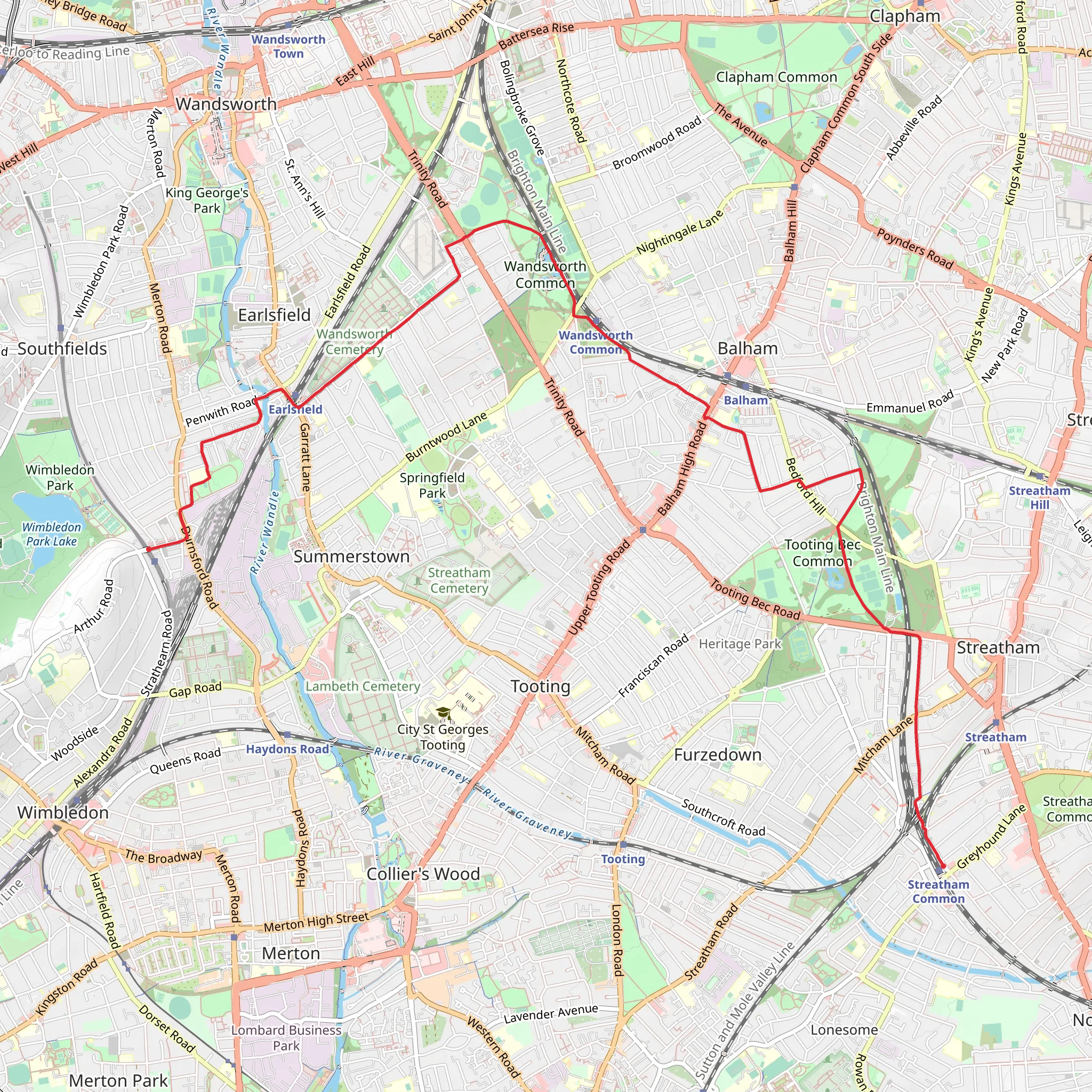 Streatham Common to Wimbledon Park Walk mobile static map