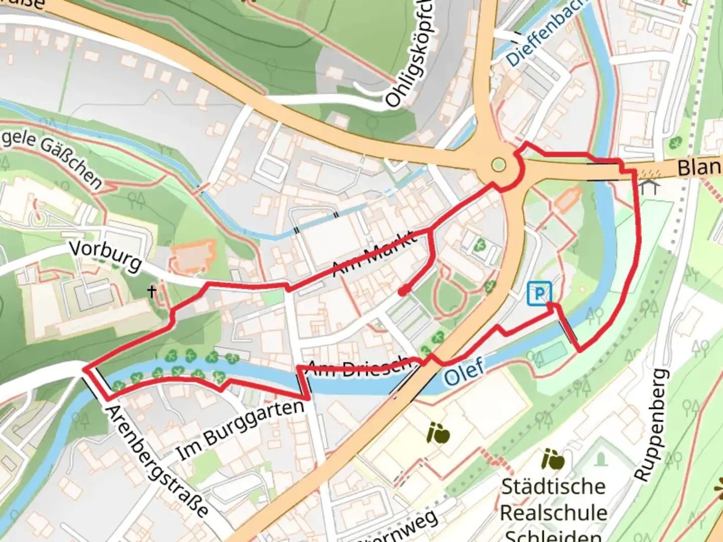 An image depicting the trail Johannes-Sturmius Park and Olef via Rur Olef Route and its surrounding area.