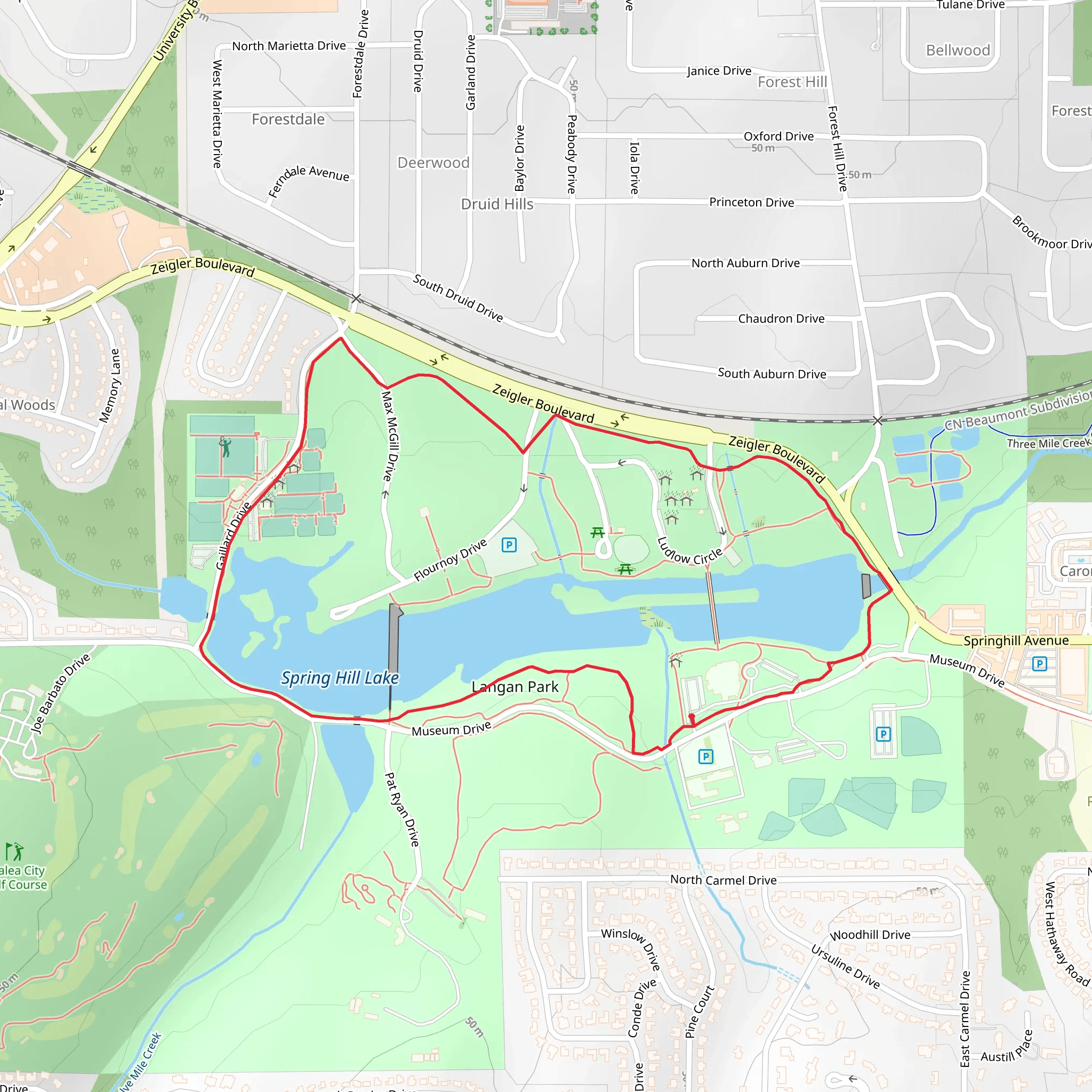 Langan Park and Spring Hill Lake Loop mobile static map