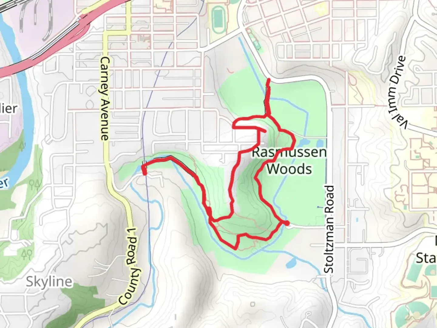 An image depicting the trail Rosmussen Woods Loop and its surrounding area.