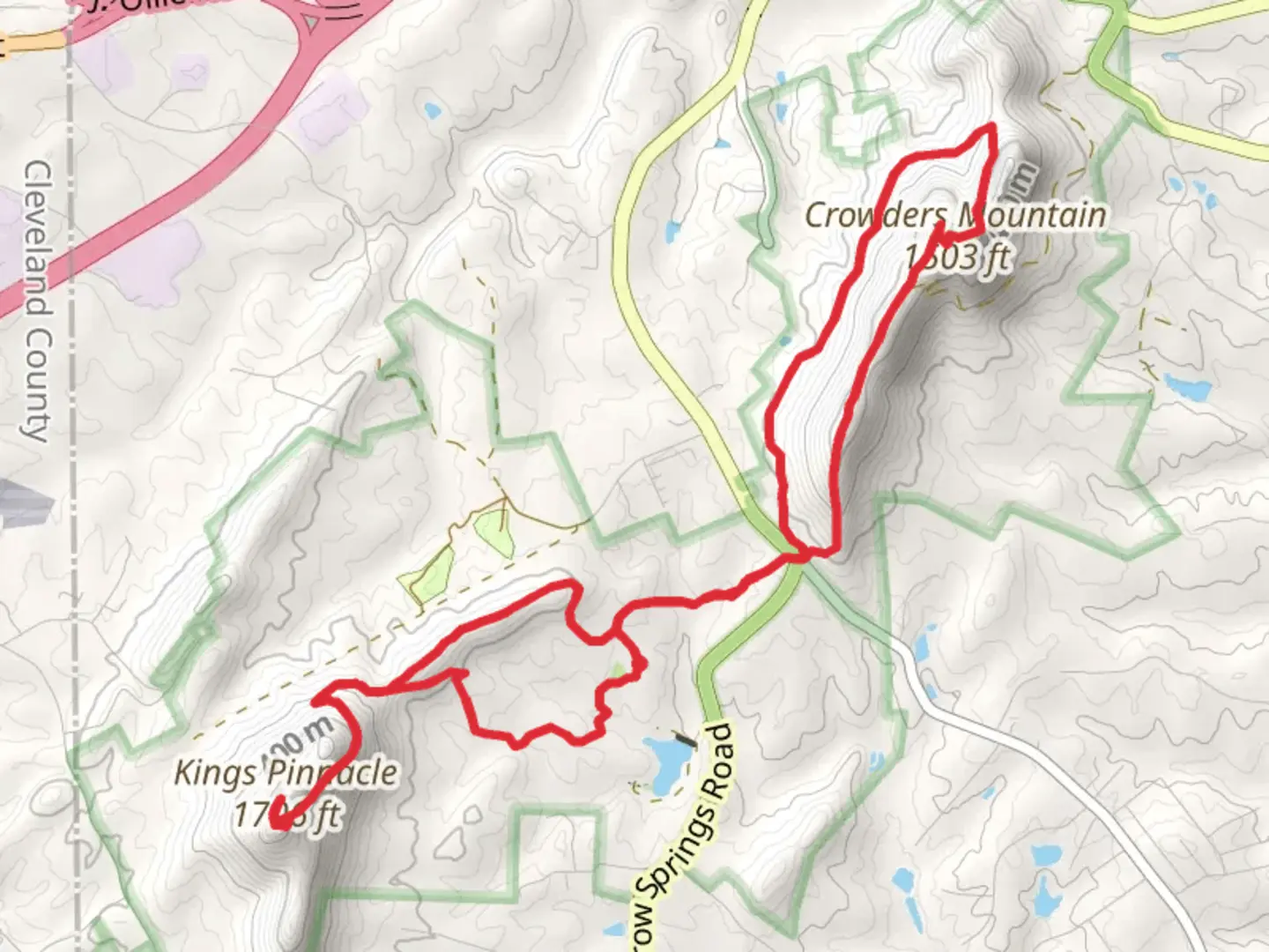 An image depicting the trail Kings Pinnacle and Crowders Mountain Loop Trail and its surrounding area.