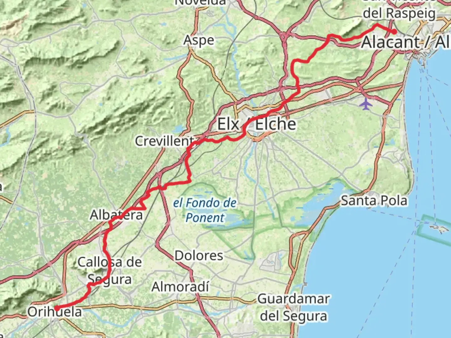 An image depicting the trail GR 125 Senda del Poeta Miguel Hernández and its surrounding area.