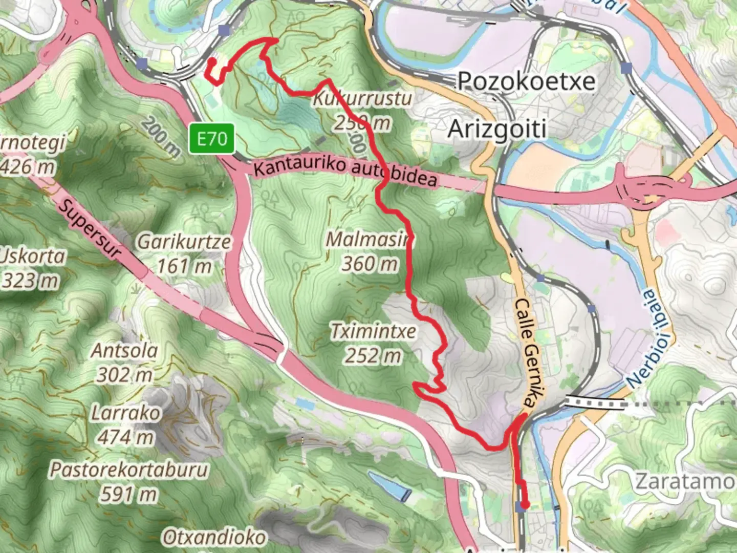 An image depicting the trail Red Stones of Arrigorriaga PR BI 15 and its surrounding area.