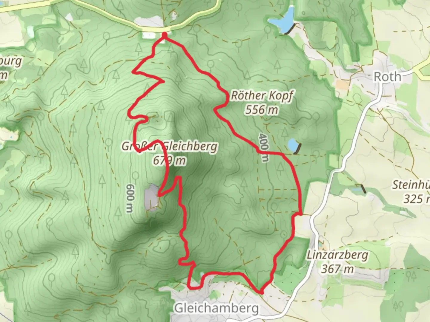 An image depicting the trail Wanderroute 2 im Gleichbergebiet and its surrounding area.