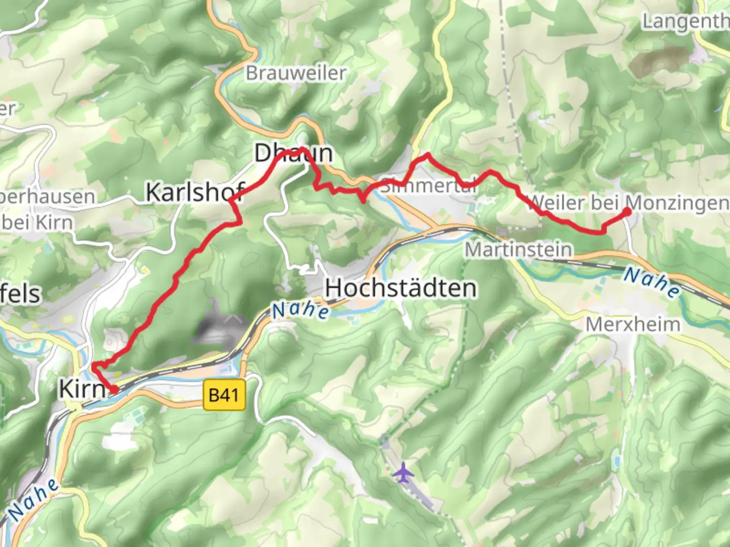 An image depicting the trail Kirn to Weiler bei Monzingen via Weinwanderweg Rhein Nahe and its surrounding area.