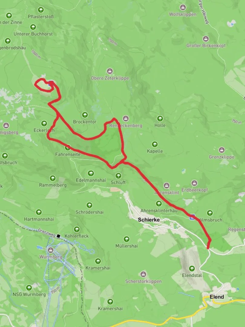 An image depicting the trail Brocken Loop via Bahnhofstrabe and its surrounding area.