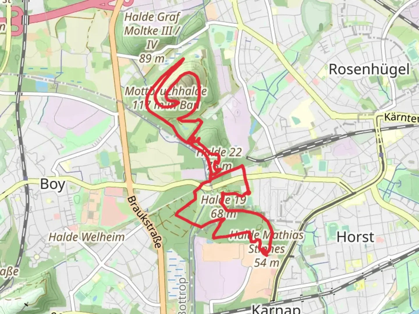 An image depicting the trail Karnaper Waldchen, Halde 22 and Mottbruchhalde Loop and its surrounding area.