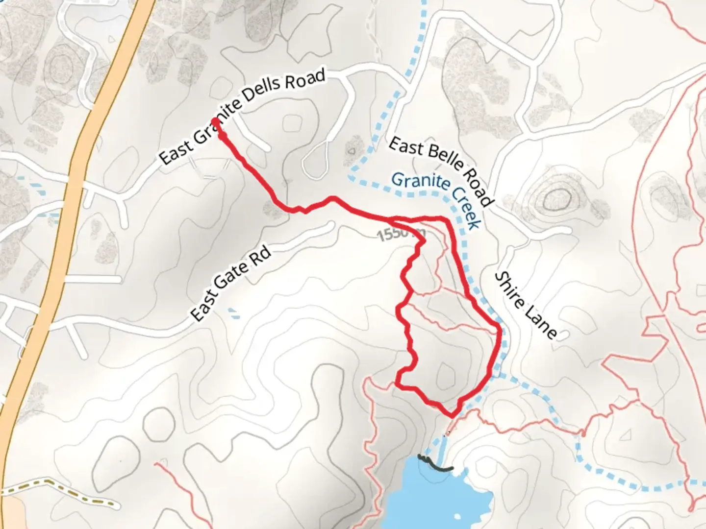 An image depicting the trail Flume Loop Trail from East Granite Dells Road and its surrounding area.