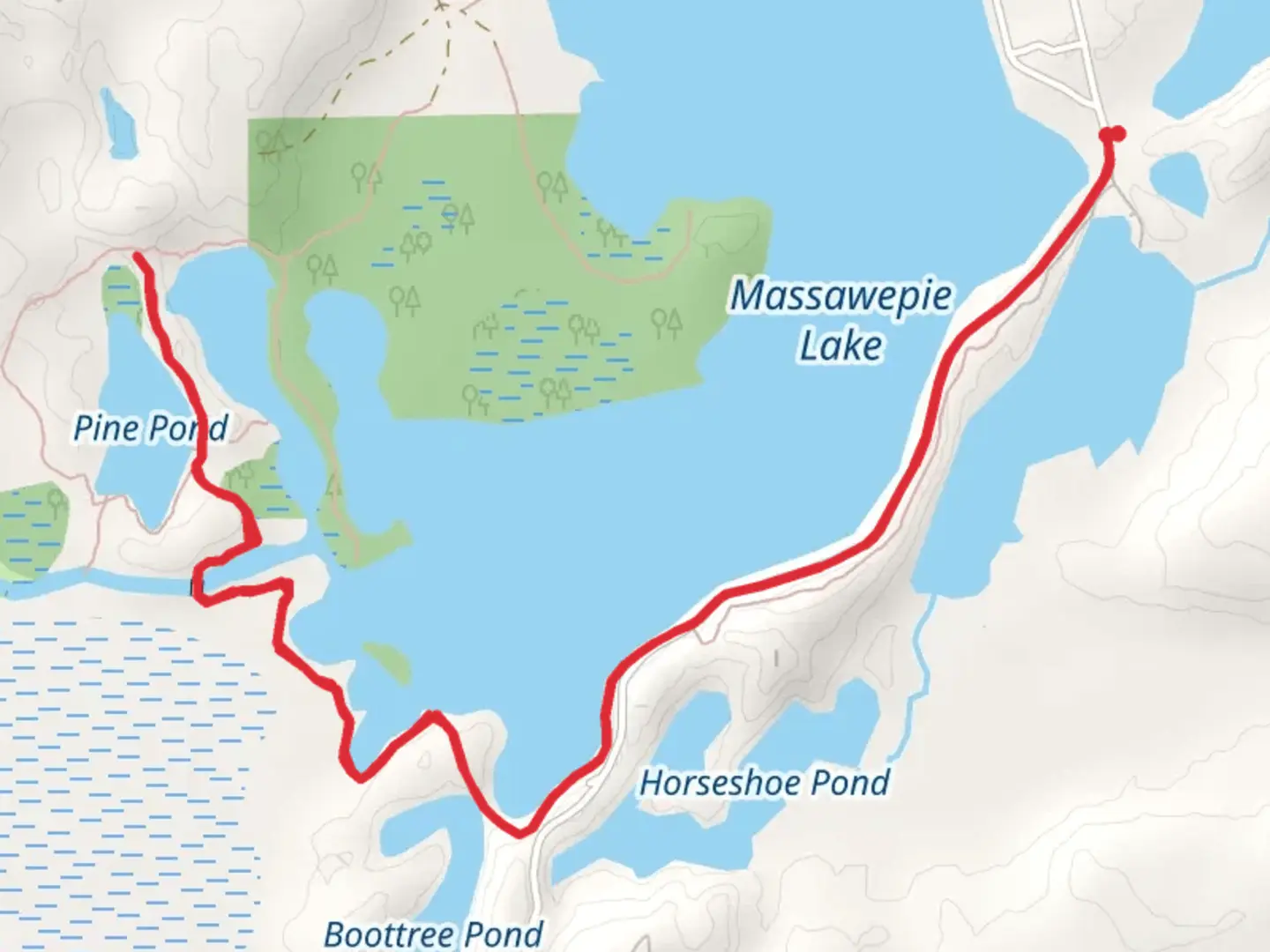 An image depicting the trail Massawepie Lake and Pine Pond Trail and its surrounding area.