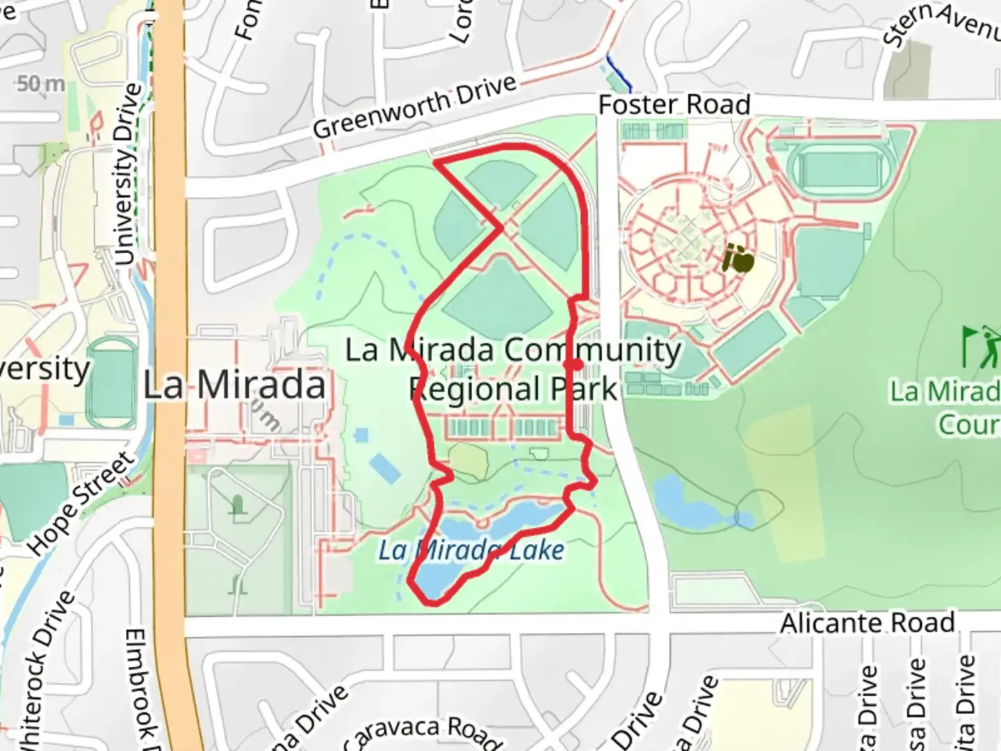 An image depicting the trail La Mirada Community Regional Park Loop and its surrounding area.
