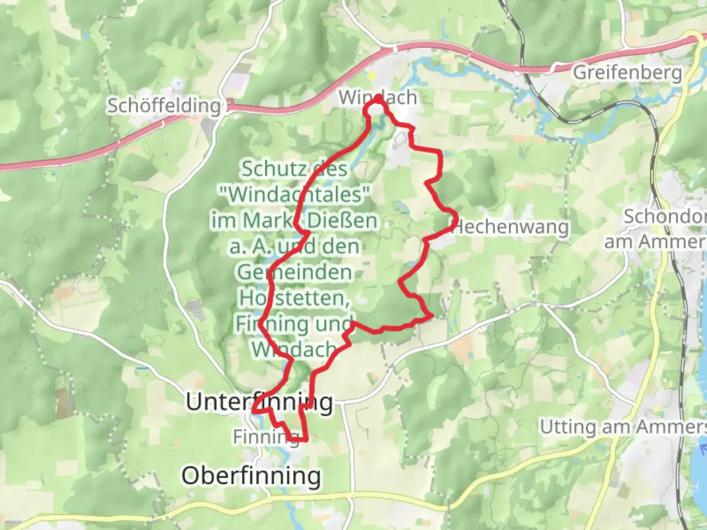 An image depicting the trail Windach and Finning Loop and its surrounding area.
