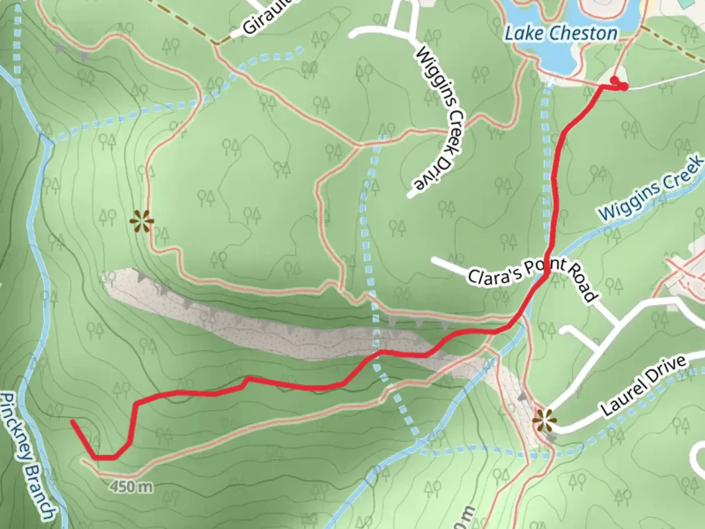 An image depicting the trail Cheston Trail and Sewanee Trail - Lake Cheston and its surrounding area.