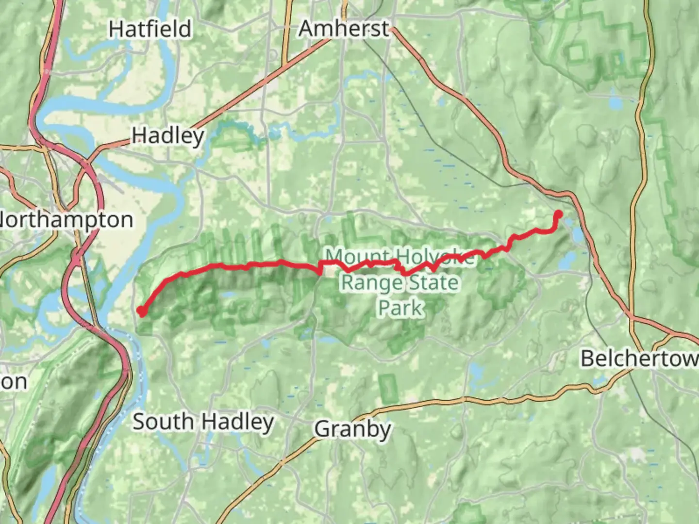 An image depicting the trail Hockanum to Dwight via NET Trail and its surrounding area.