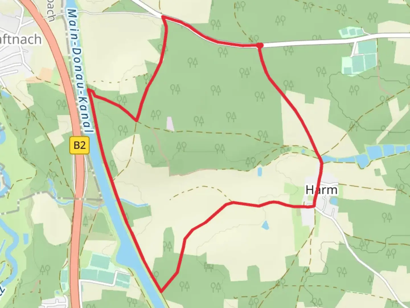 An image depicting the trail Harm Loop via Main Donau Kanal and its surrounding area.