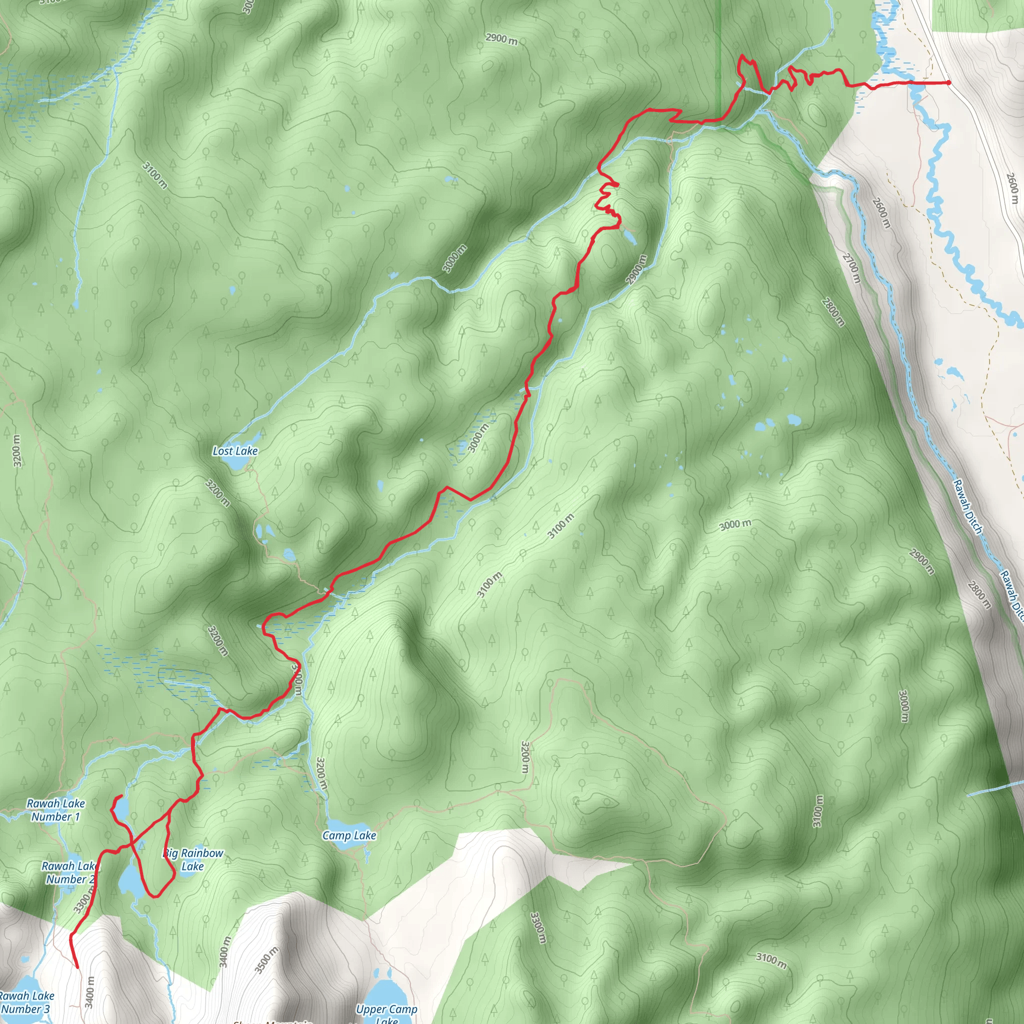 Big Rainbow Lake, Lower and Upper Sandbar Lake, Camp Lake via Rawah Trail mobile static map