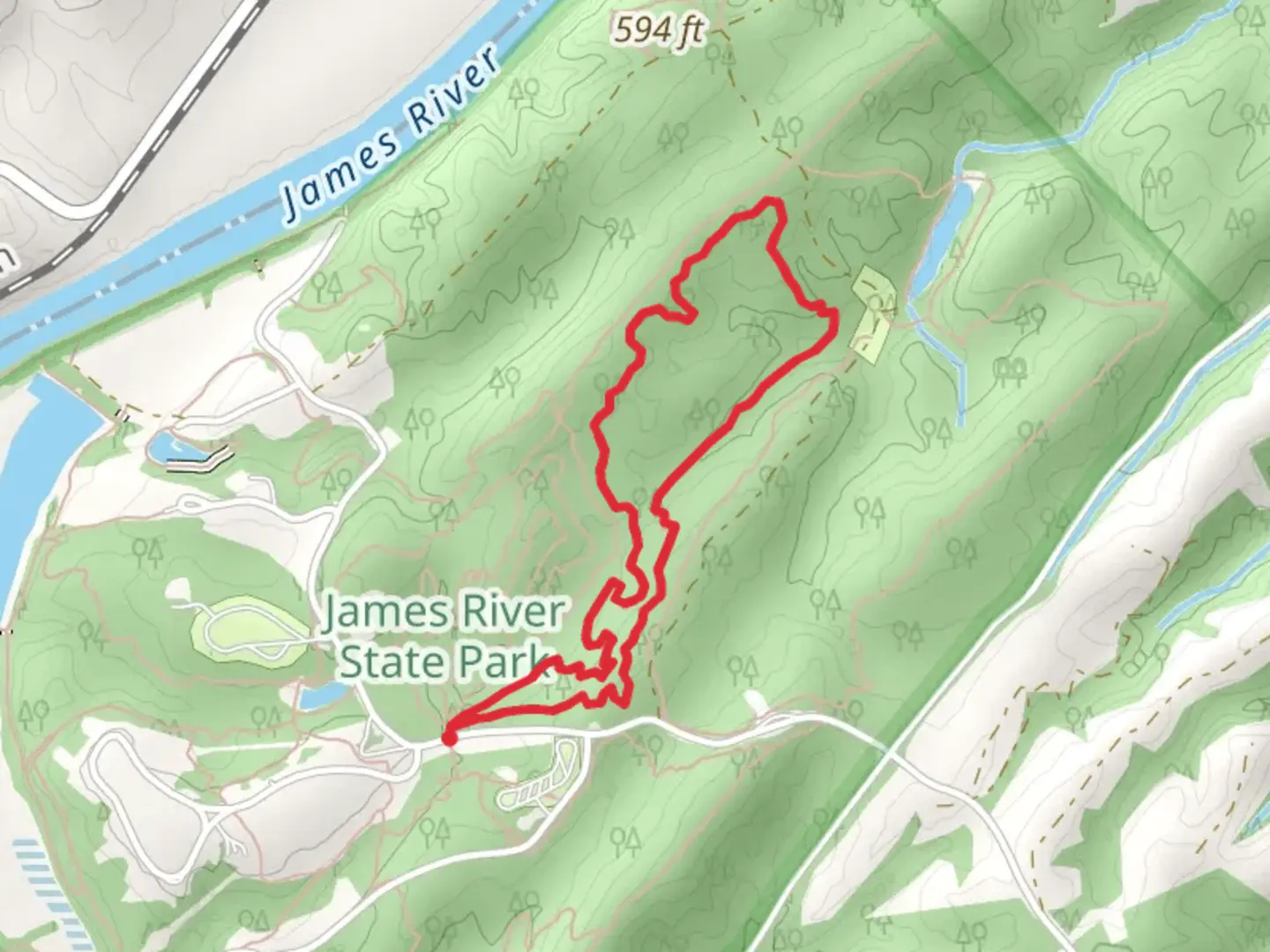An image depicting the trail James River State Park Short Loop and its surrounding area.