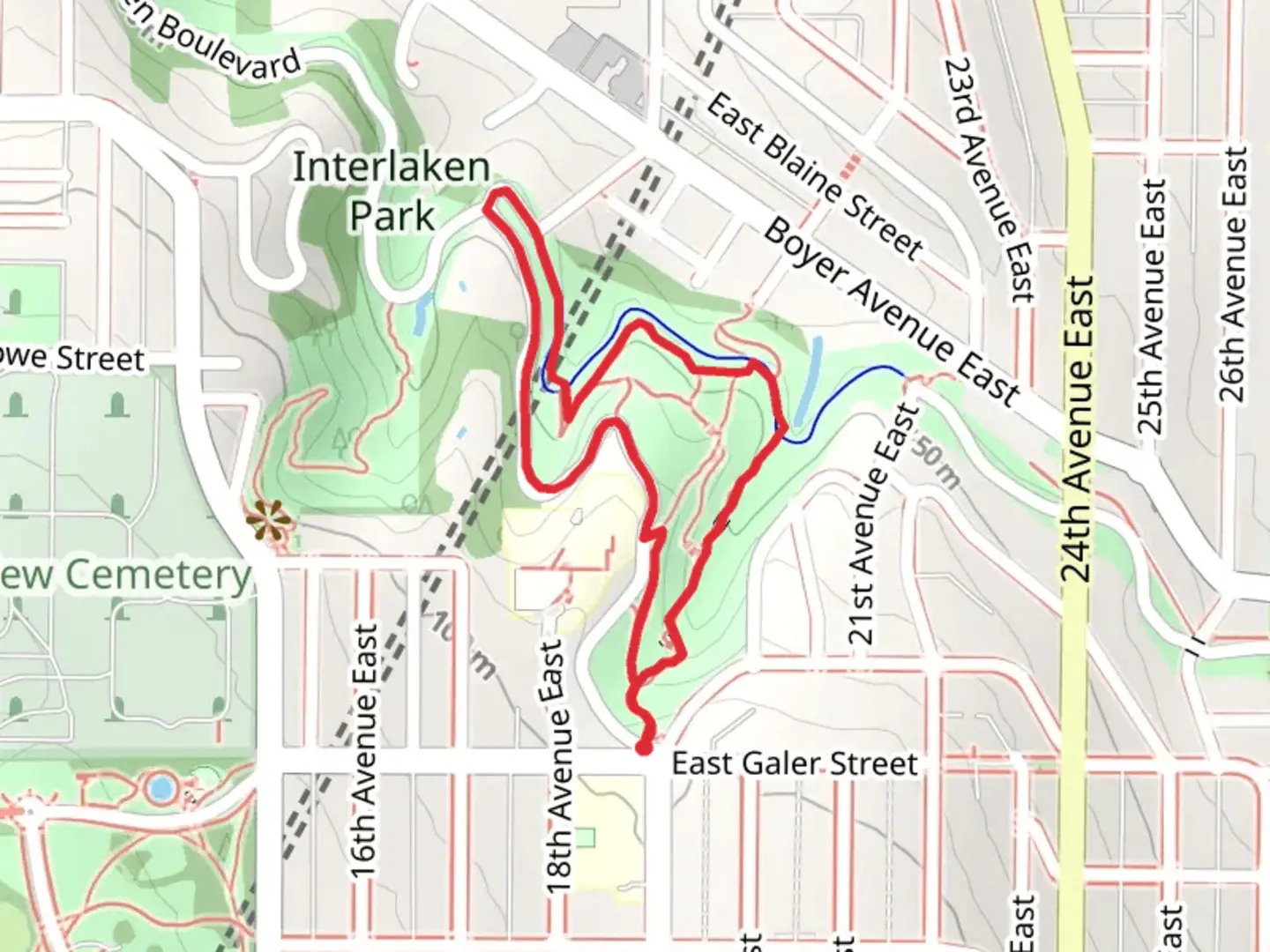 An image depicting the trail Interlaken Drive East Loop and its surrounding area.