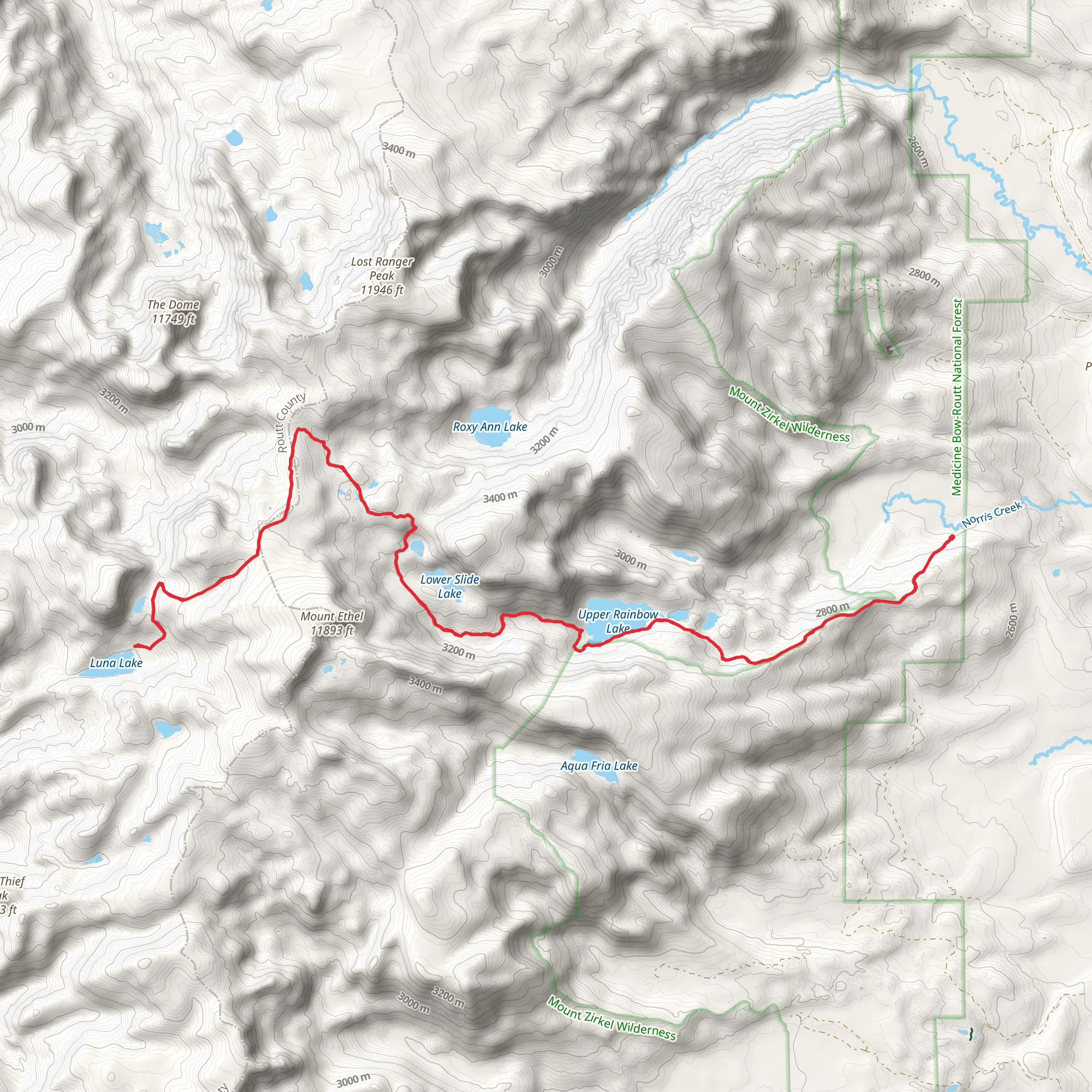 Crags Trail via Rainbow Lakes Trail mobile static map