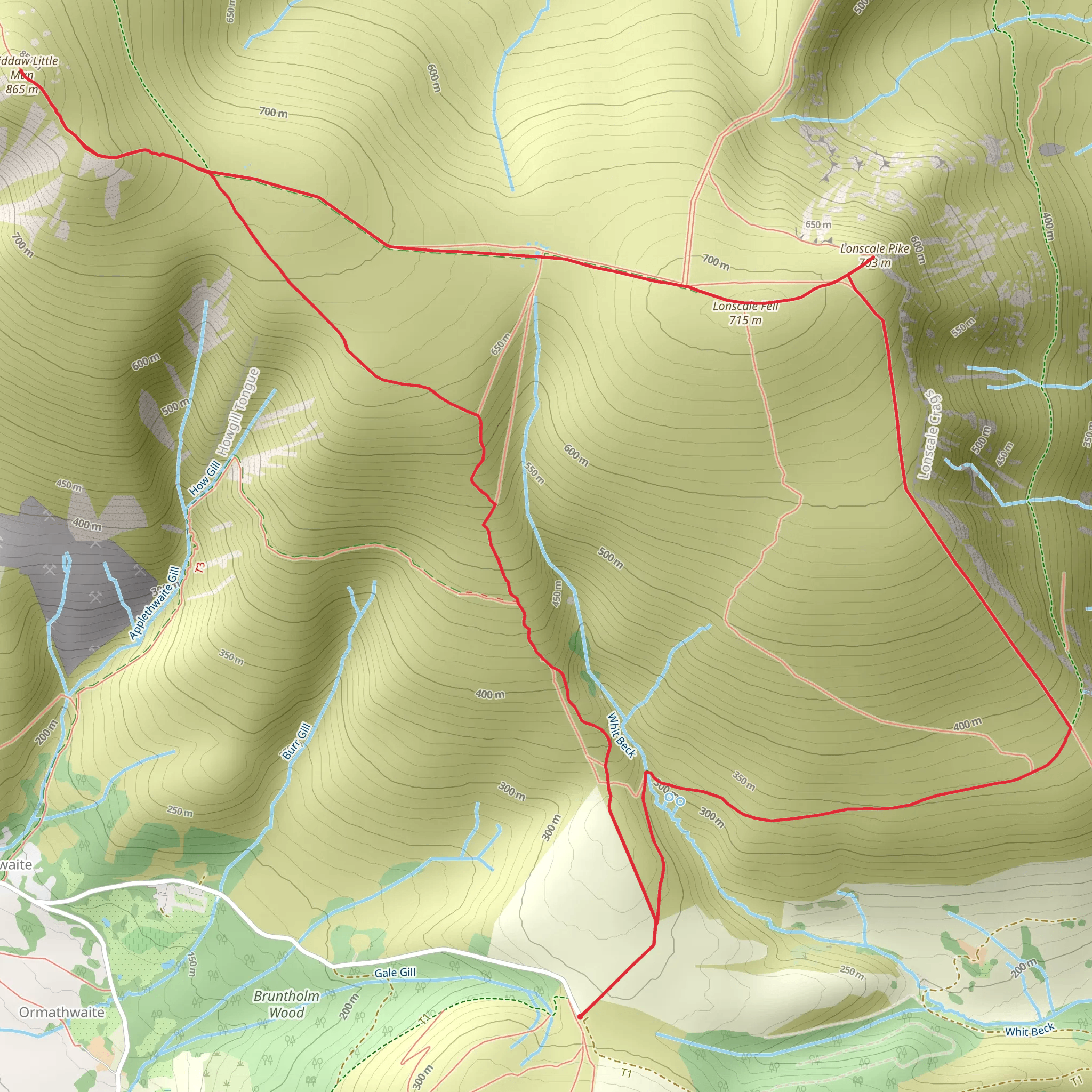 Lonscale Fell, Lonscale Peak and Skiddaw Little Man Loop mobile static map