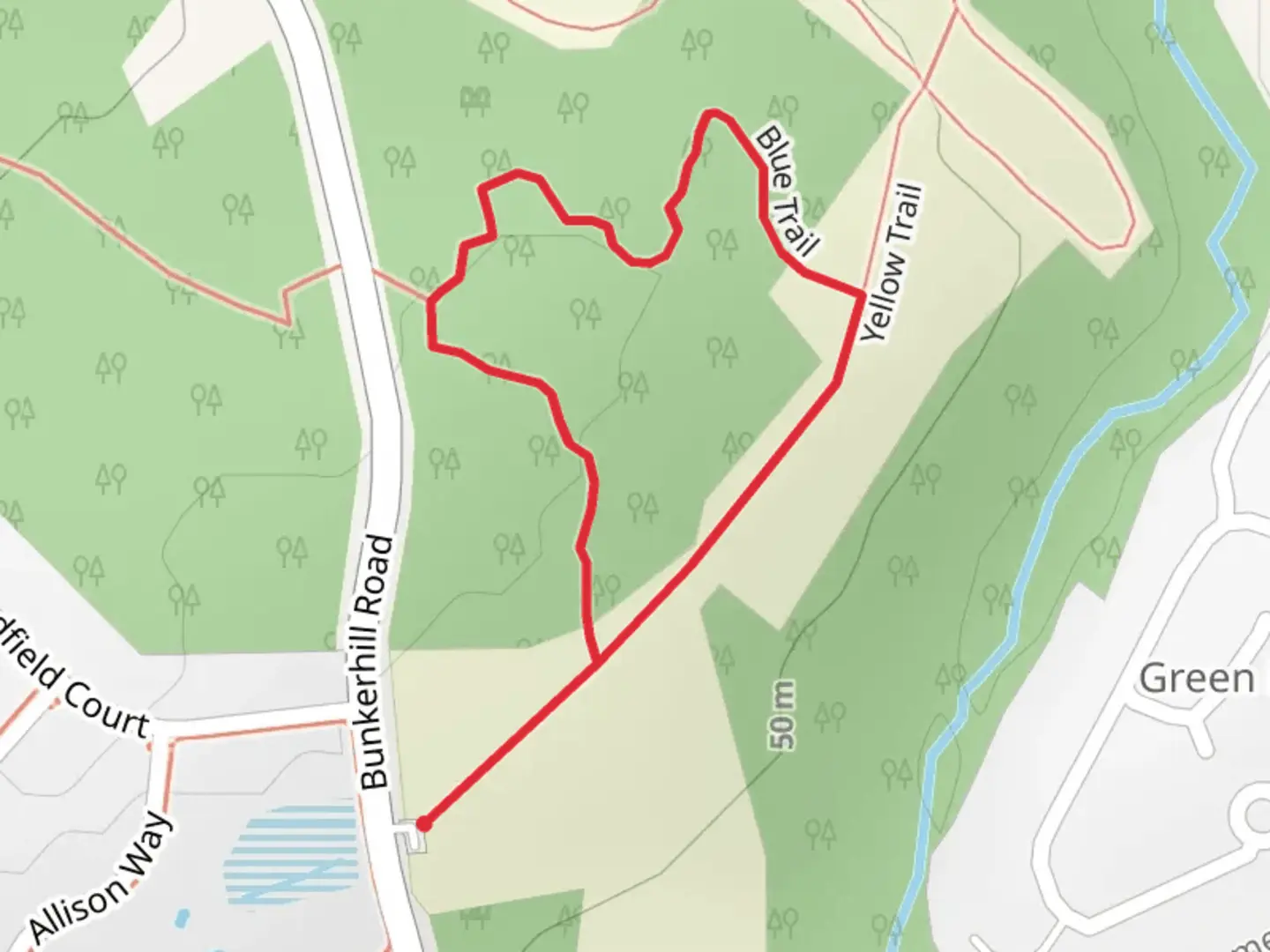 An image depicting the trail Bunkerhill Road Loop and its surrounding area.