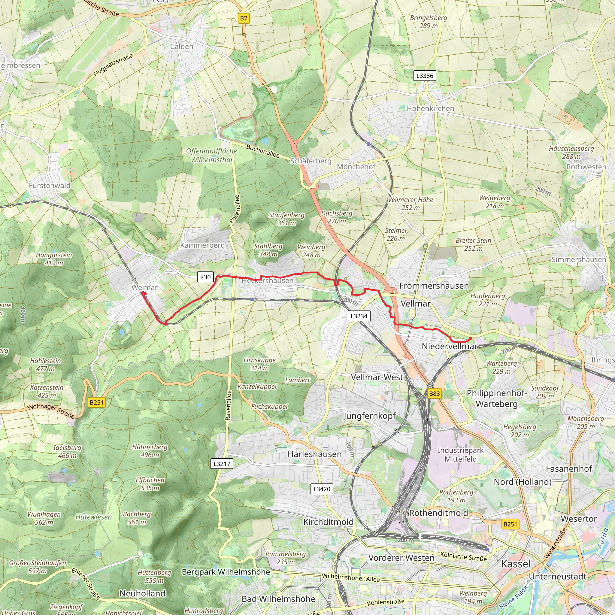 Niedervellmar to Weimar Walk via Ahnepark mobile static map