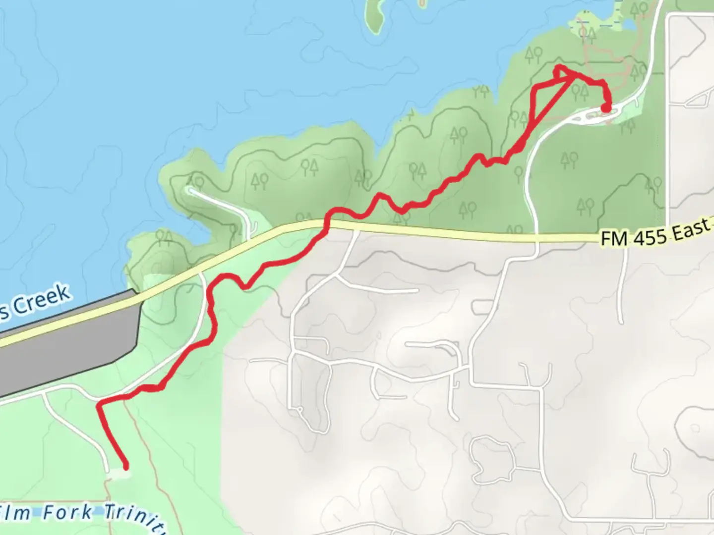 An image depicting the trail Wagon Wheel Crossing Trail and Elm Fork Trail and its surrounding area.