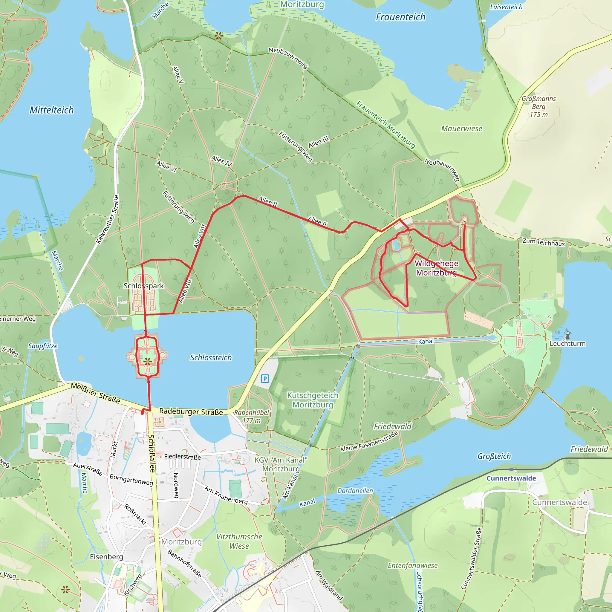 Moritzburg Castle, Schlossteich, Schlosspark, Wellhaus and Wildgehege Abenteuerpark Loop mobile static map